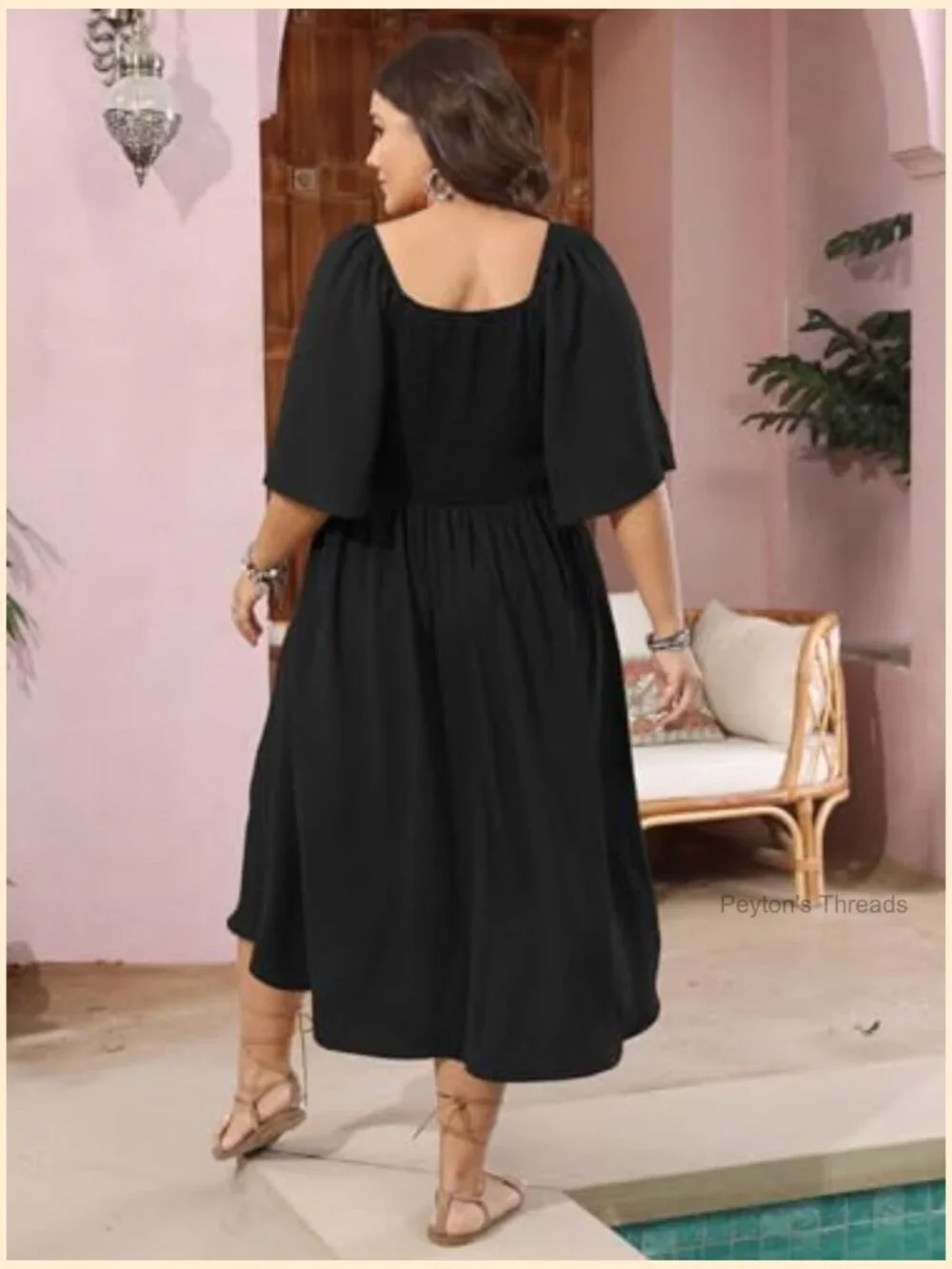 Plus Size Smocked Button Down Midi A-Line Dress with Bow Tie V Neck - Picture 6 of 7